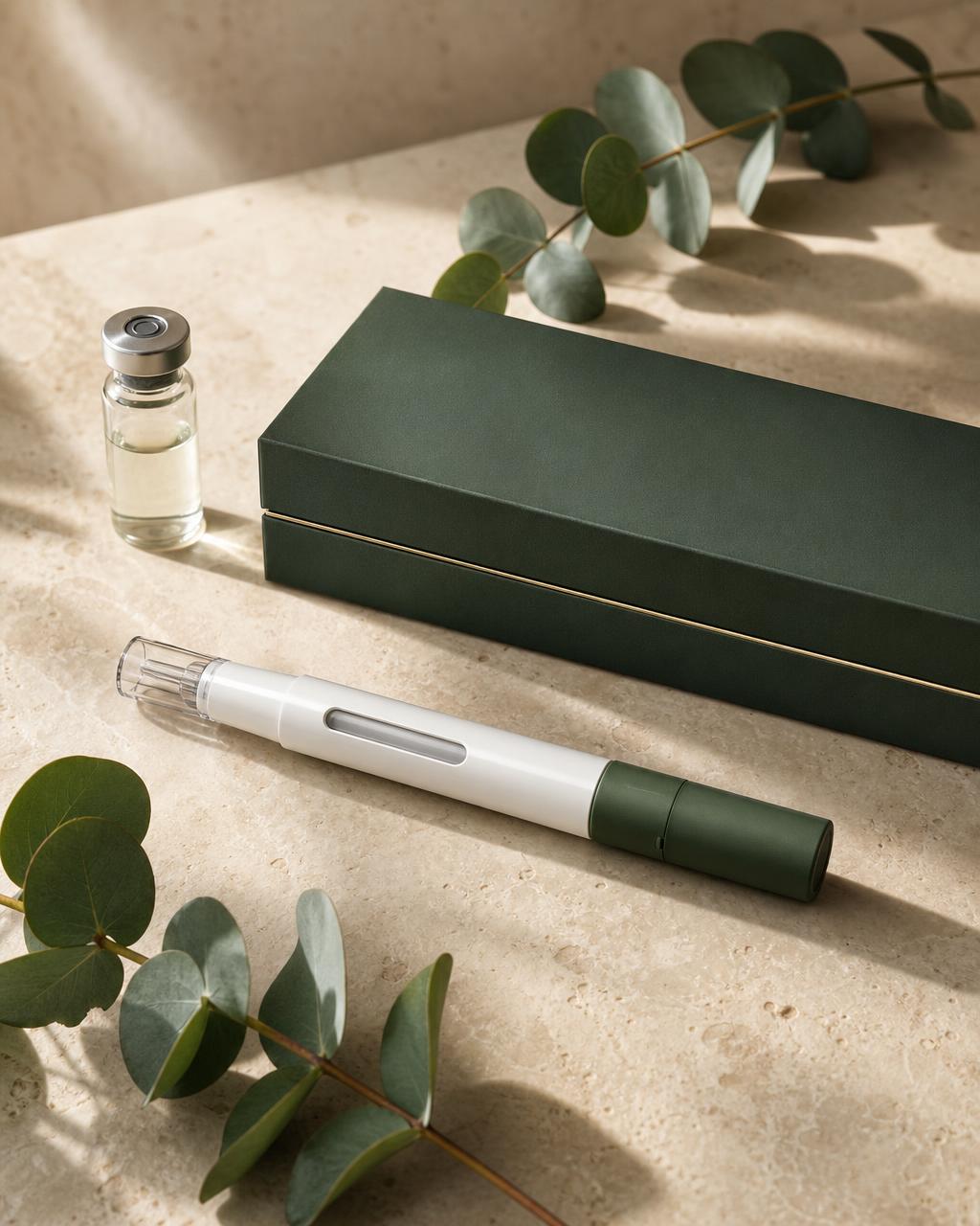 Retatrutide 40mg pen presentation box with eucalyptus on travertine